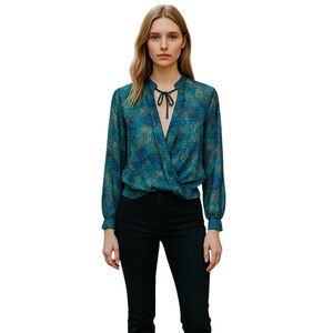 APNY Wrap Blouse Womens Medium Green Geometric Y2K